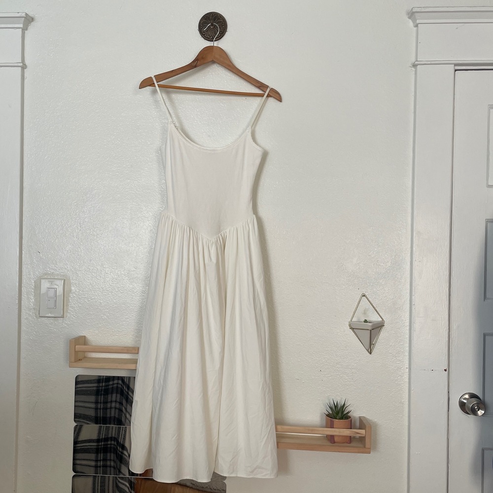 Loucia White Ribbed Midi Dress Adjustable Straps Drop Waist Small